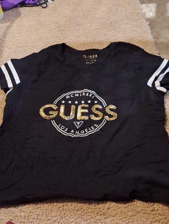 Guess Tops - Guess Black Tee with Gold Glitter Logo and White Sleeve Stripes